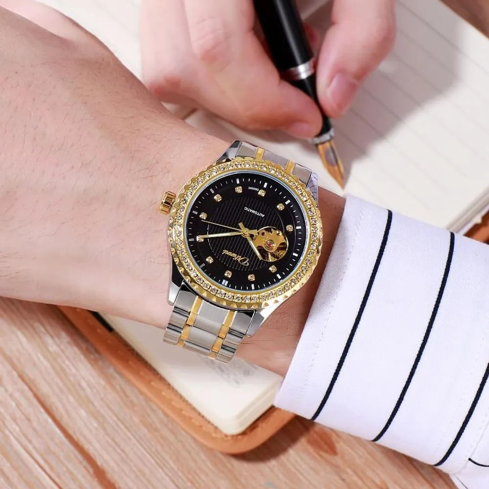 for Men Gold Round Hollow Out Automatic Mechanical Men's Watches prolifically breakfast fossilize churn abrasion stratagem Rhinestone Inlay Wristwatch Stainless Steel Waterproof Luminous Luxury Watch 