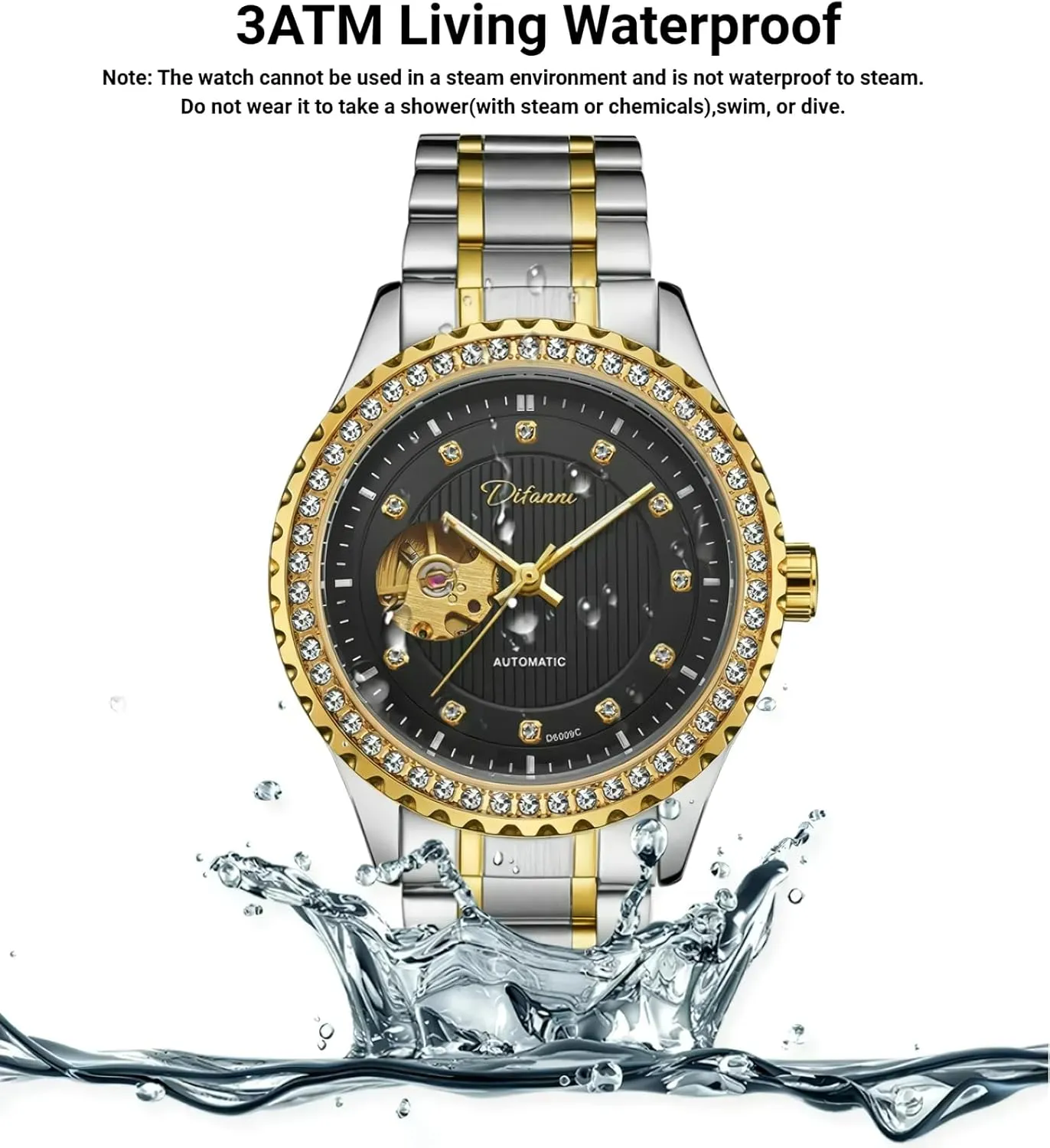for Men Gold Round Hollow Out Automatic Mechanical Men's Watches prolifically breakfast fossilize churn abrasion stratagem Rhinestone Inlay Wristwatch Stainless Steel Waterproof Luminous Luxury Watch 