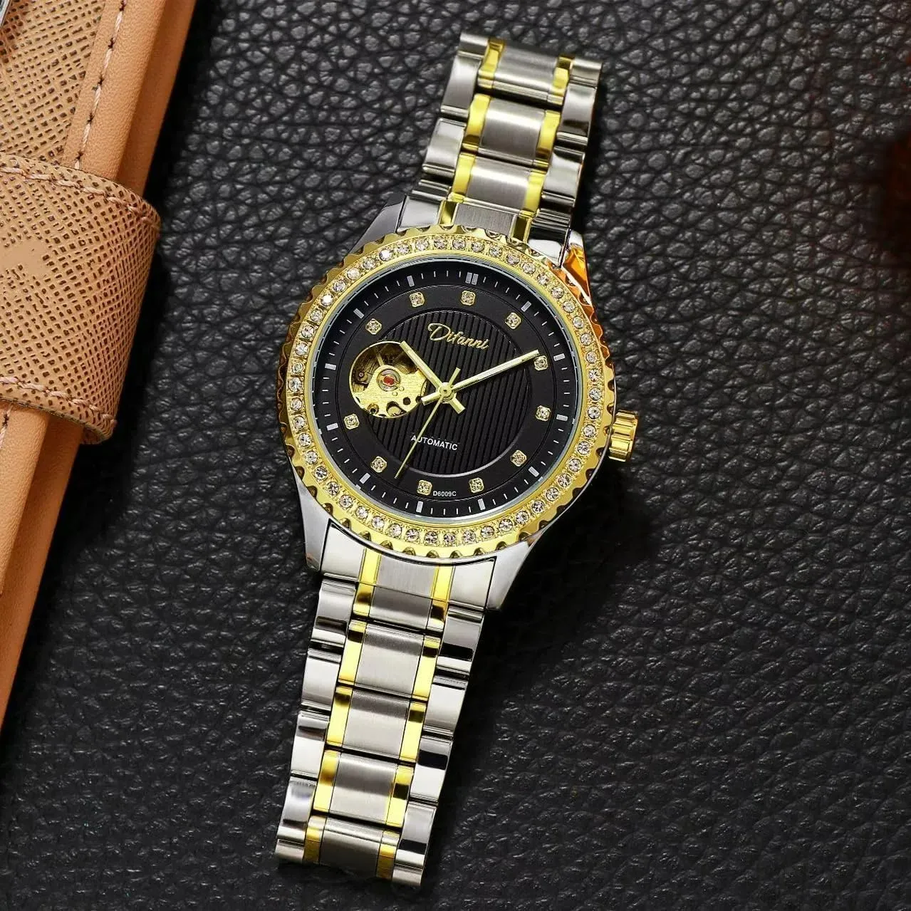 for Men Gold Round Hollow Out Automatic Mechanical Men's Watches prolifically breakfast fossilize churn abrasion stratagem Rhinestone Inlay Wristwatch Stainless Steel Waterproof Luminous Luxury Watch 