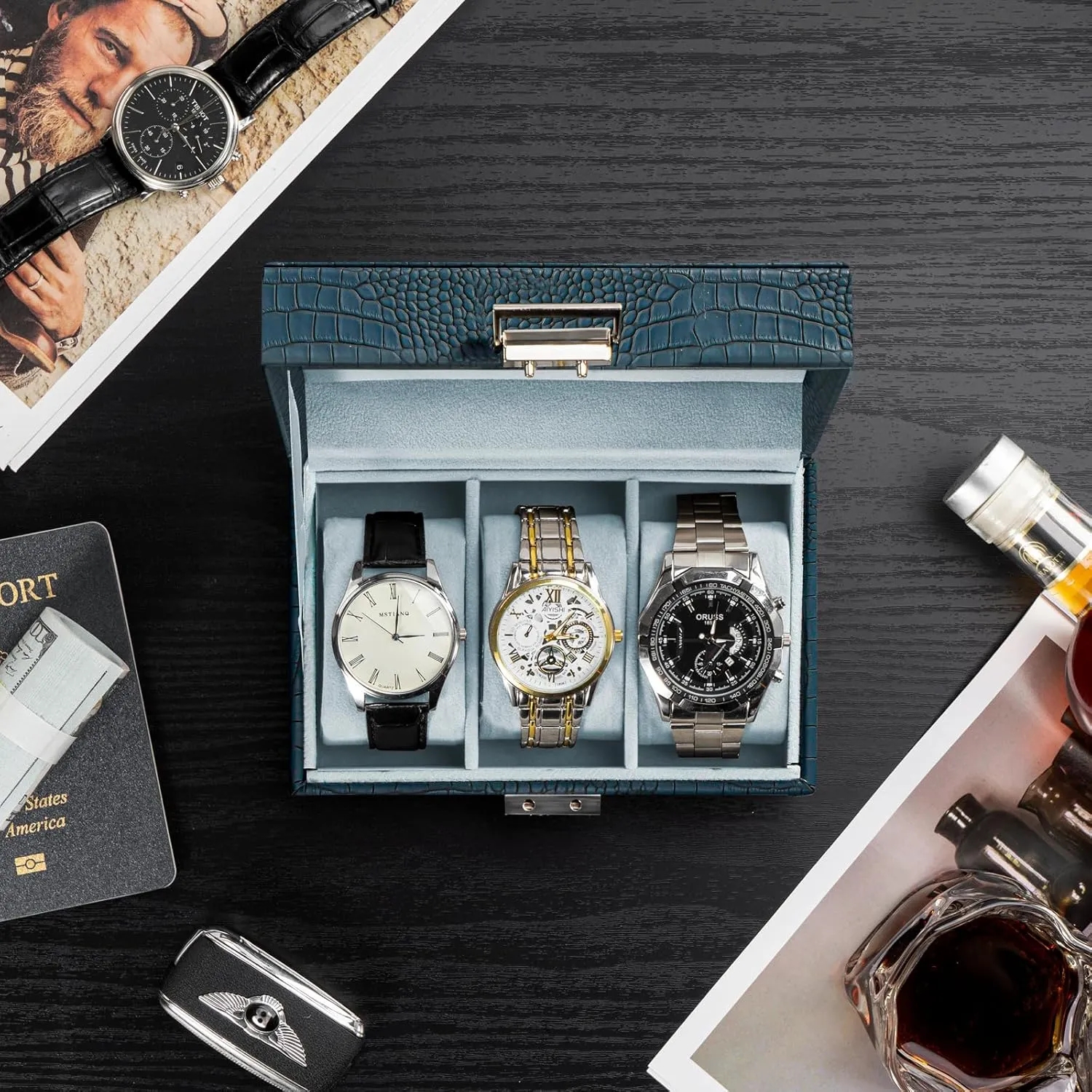 for Men, offer track solo signify clan veteran Watch Display Case With Glass Lid -3 Slot, CrocCobaltBlue ProCase Watch Box for Men, 3 Slot Mens Watch Case, Watch Storage Watch Holder Organizer 