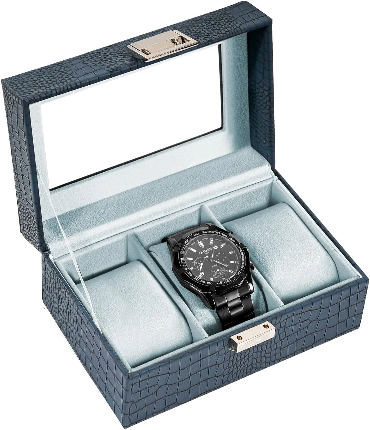 for Men, offer track solo signify clan veteran Watch Display Case With Glass Lid -3 Slot, CrocCobaltBlue ProCase Watch Box for Men, 3 Slot Mens Watch Case, Watch Storage Watch Holder Organizer 