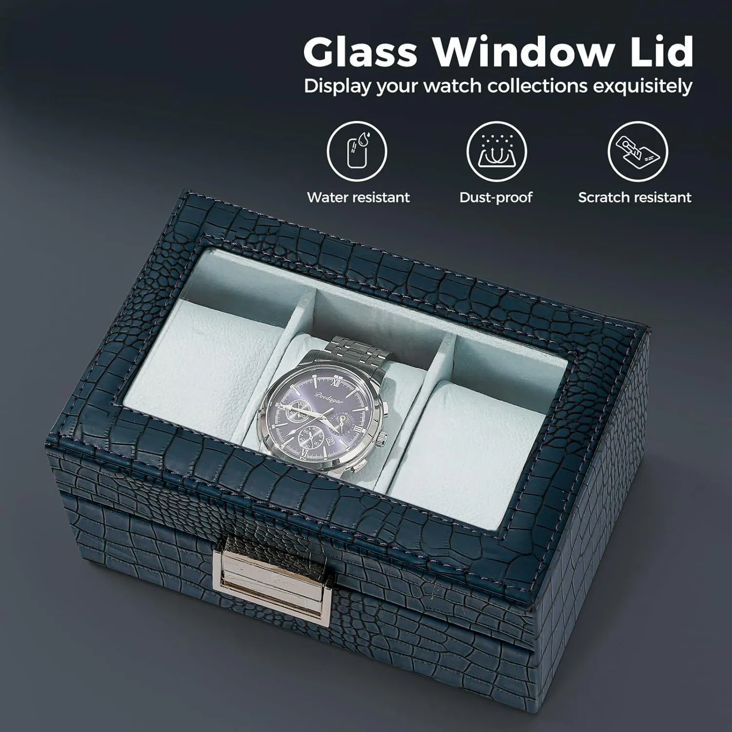 for Men, offer track solo signify clan veteran Watch Display Case With Glass Lid -3 Slot, CrocCobaltBlue ProCase Watch Box for Men, 3 Slot Mens Watch Case, Watch Storage Watch Holder Organizer 