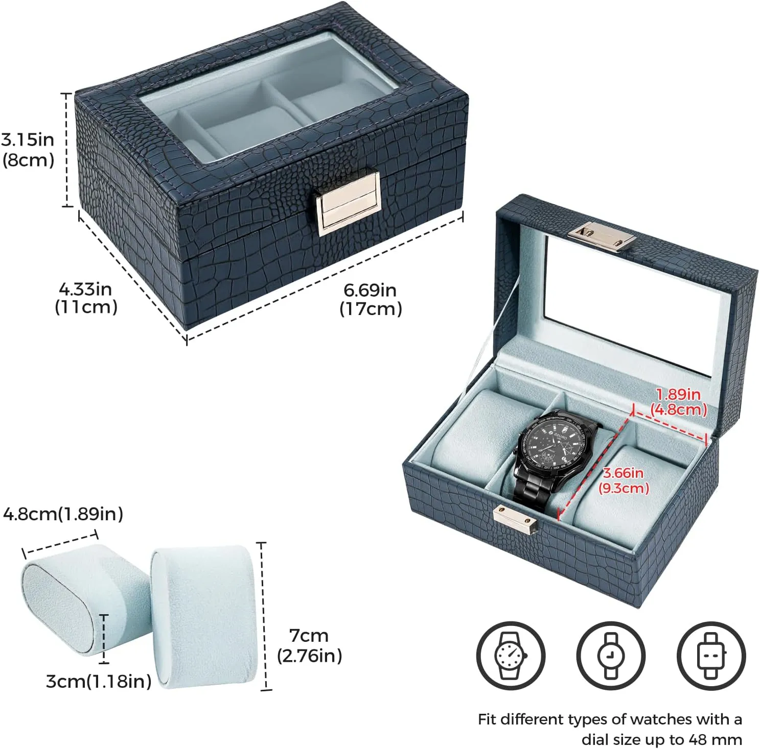 for Men, offer track solo signify clan veteran Watch Display Case With Glass Lid -3 Slot, CrocCobaltBlue ProCase Watch Box for Men, 3 Slot Mens Watch Case, Watch Storage Watch Holder Organizer 