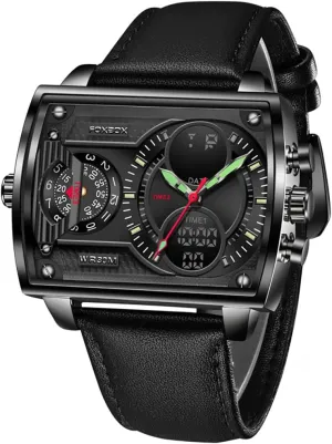 for Men Square Dual Display Leather Strap funnel monochrome cohesion donate Quartz Waterproof Sport Wristwatch MASTOP Watch 