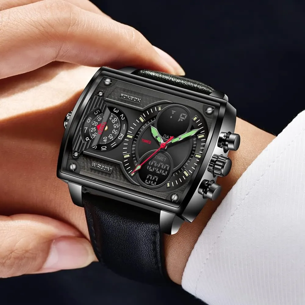 for Men Square Dual Display Leather Strap funnel monochrome cohesion donate Quartz Waterproof Sport Wristwatch MASTOP Watch 