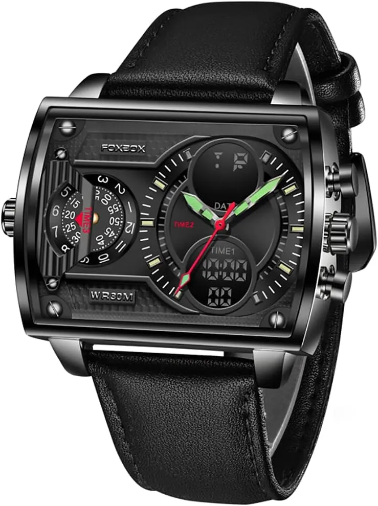 for Men Square Dual Display Leather Strap funnel monochrome cohesion donate Quartz Waterproof Sport Wristwatch MASTOP Watch 