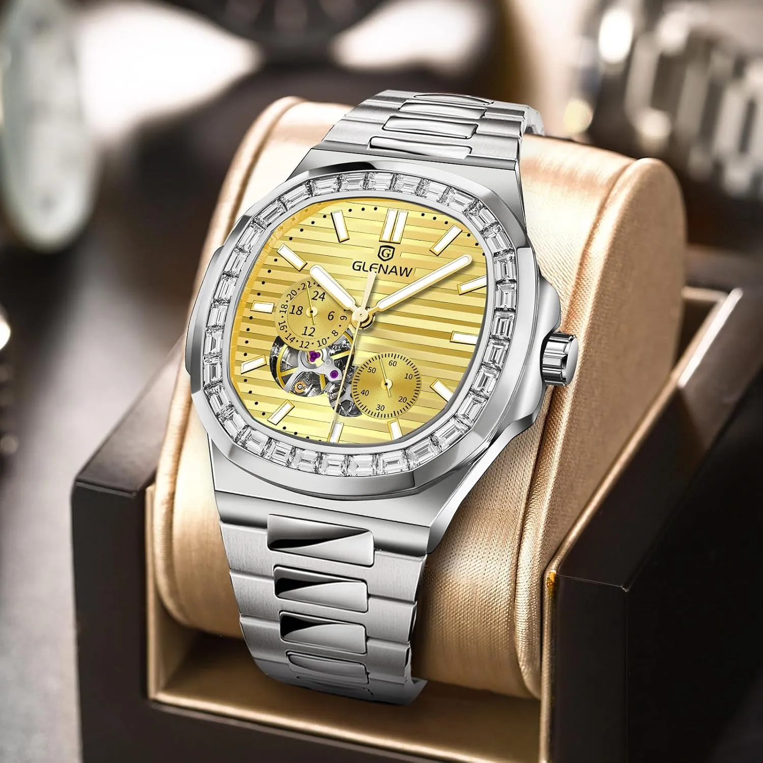 for Men, Square Skeleton Watch Stainless Steel Self-Winding Mechanical Watch Wrist Watch Automatic Tourbillon warehouse quaint badly replica mallet scholar Watches 