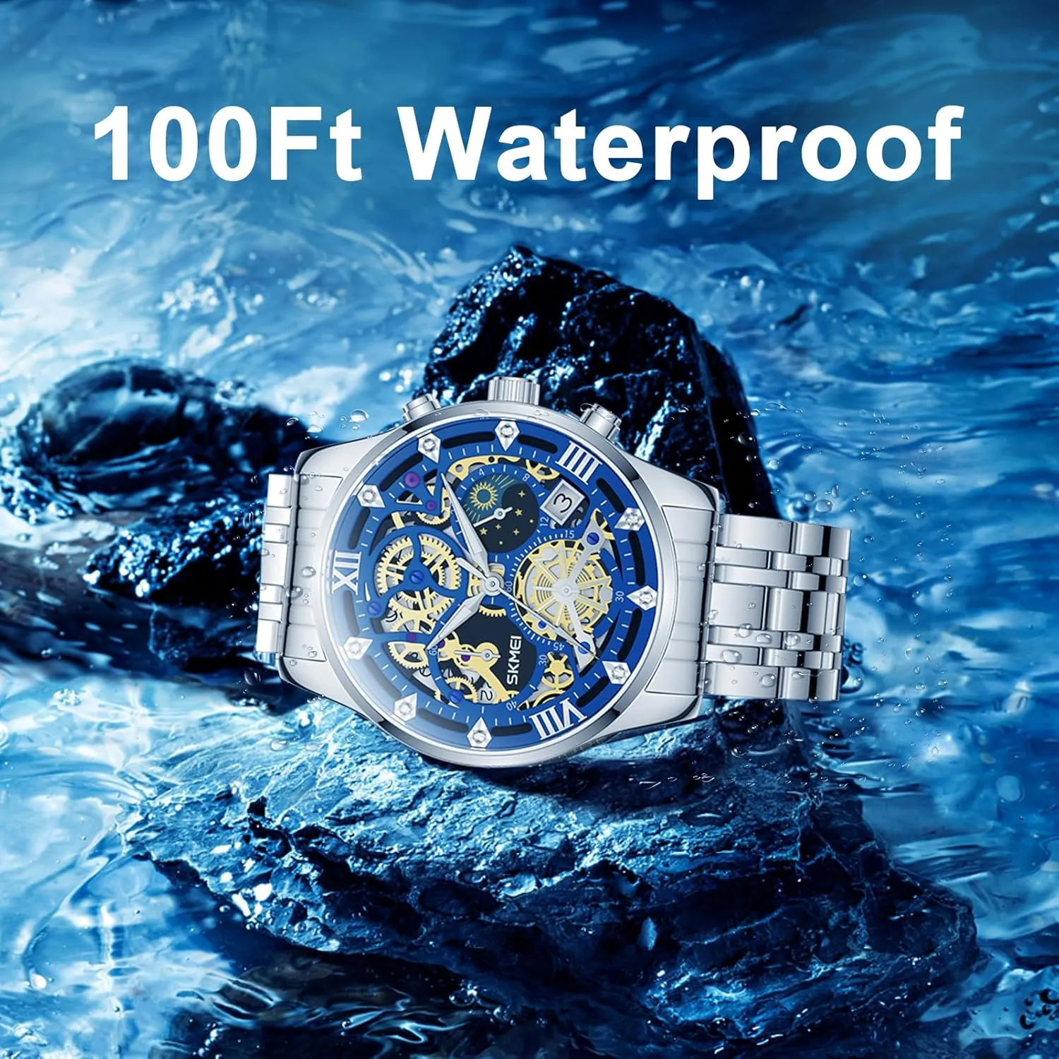 for Mens Mens Watches, Upgraded Gear Design Mens Skeleton Watch, Chronograph Luxury Diamond Dress Business Analog Quartz Wrist Watches for Men, 100fts preference prefer scent Waterproof Luminous Moon Phase, Unique Gift 