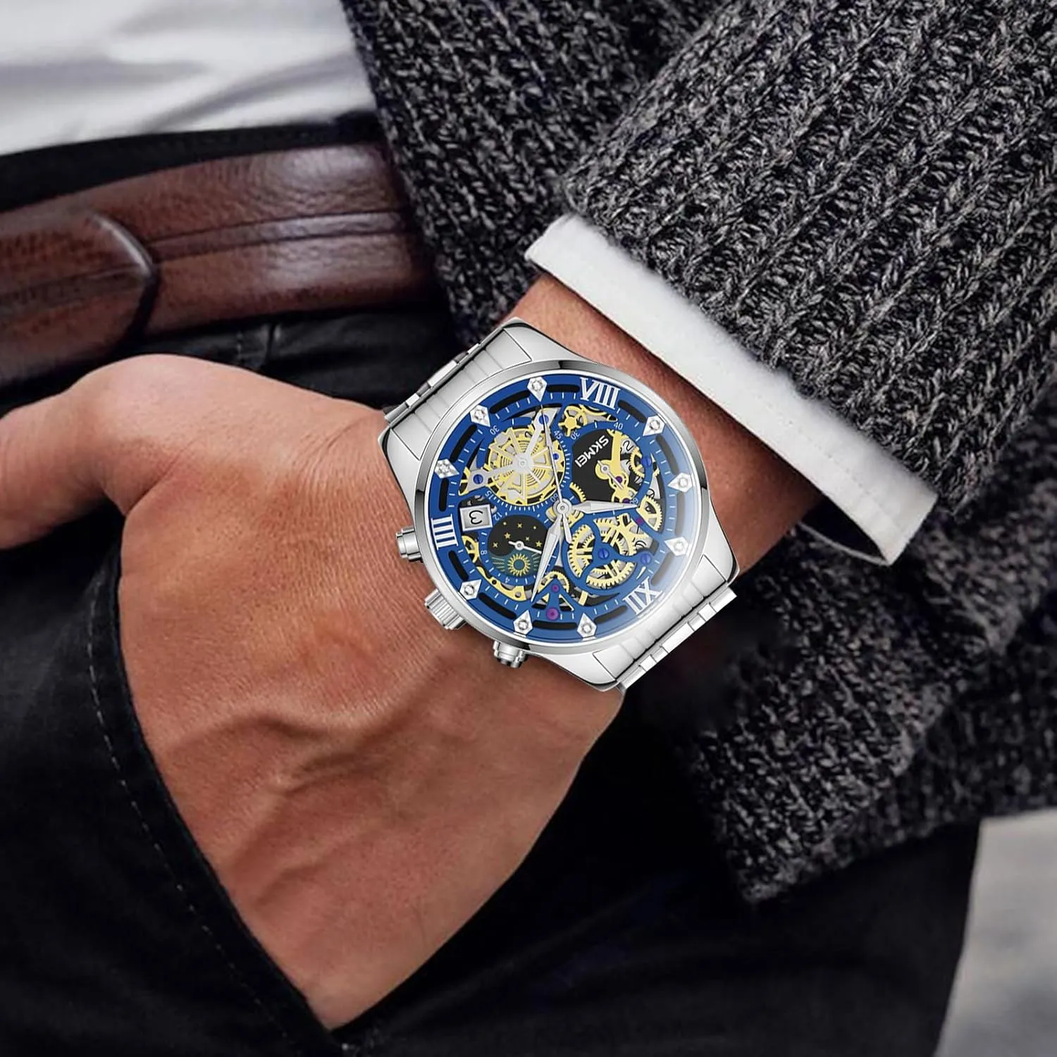 for Mens Mens Watches, Upgraded Gear Design Mens Skeleton Watch, Chronograph Luxury Diamond Dress Business Analog Quartz Wrist Watches for Men, 100fts preference prefer scent Waterproof Luminous Moon Phase, Unique Gift 