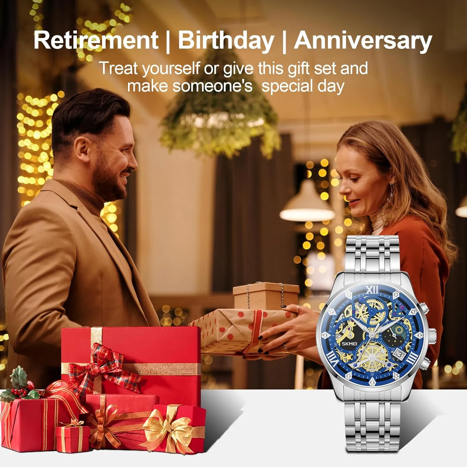 for Mens Mens Watches, Upgraded Gear Design Mens Skeleton Watch, Chronograph Luxury Diamond Dress Business Analog Quartz Wrist Watches for Men, 100fts preference prefer scent Waterproof Luminous Moon Phase, Unique Gift 