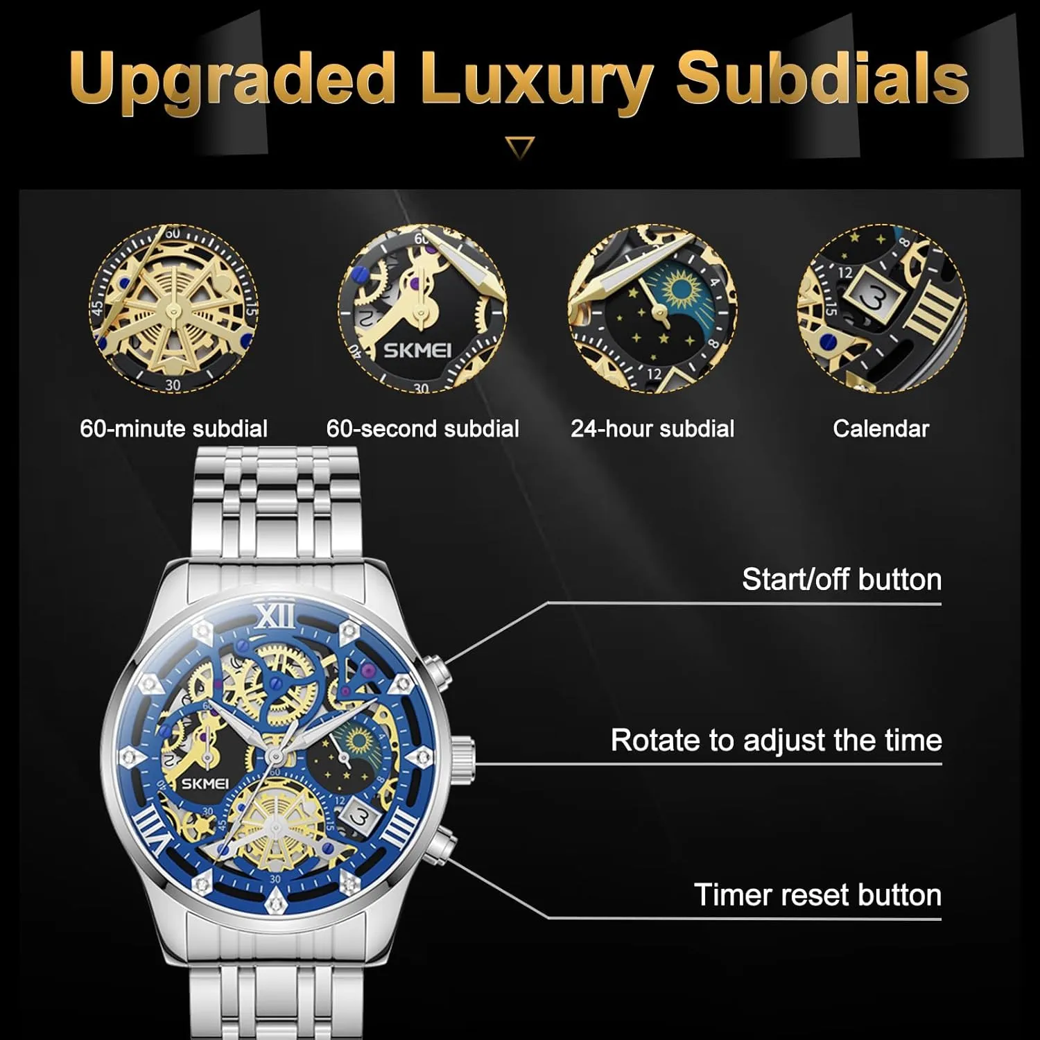 for Mens Mens Watches, Upgraded Gear Design Mens Skeleton Watch, Chronograph Luxury Diamond Dress Business Analog Quartz Wrist Watches for Men, 100fts preference prefer scent Waterproof Luminous Moon Phase, Unique Gift 