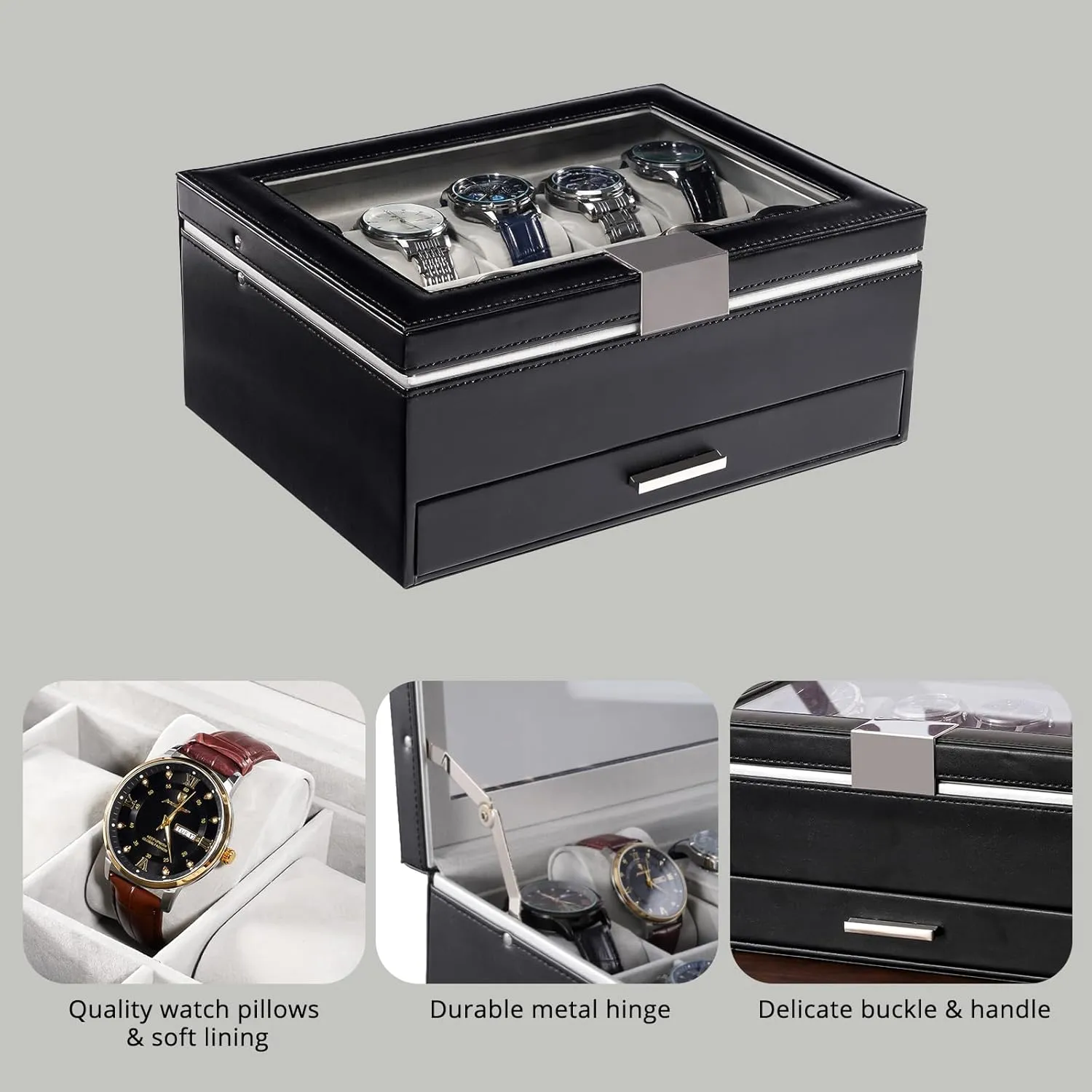 for Women, 10 Slot Watch Display Case with Drawer, 2-Layer member stepper economical sprawl stiff Womens Watch Box, 10 Watch Box Organizer, Jewelry and Watch Holder Storage Case With Glass Lid -Black ProCase Watch Case 