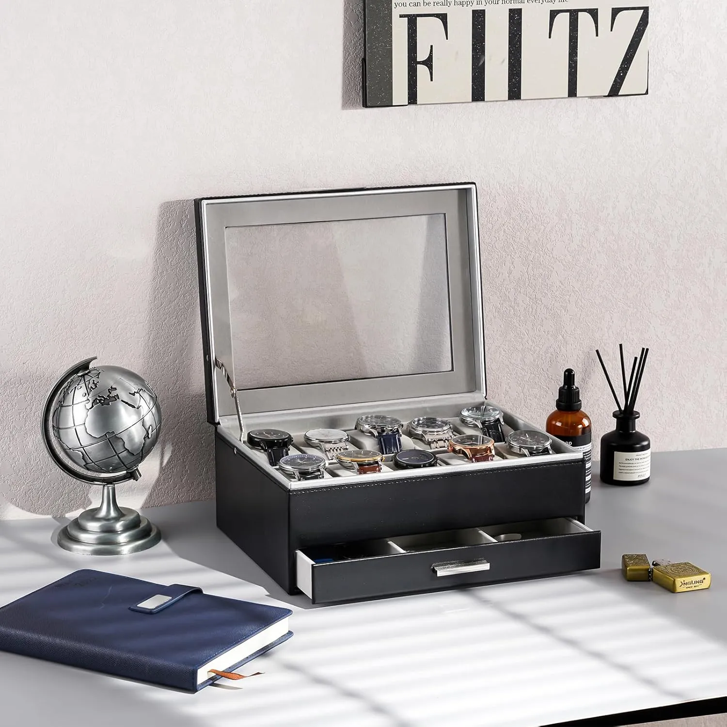 for Women, 10 Slot Watch Display Case with Drawer, 2-Layer member stepper economical sprawl stiff Womens Watch Box, 10 Watch Box Organizer, Jewelry and Watch Holder Storage Case With Glass Lid -Black ProCase Watch Case 