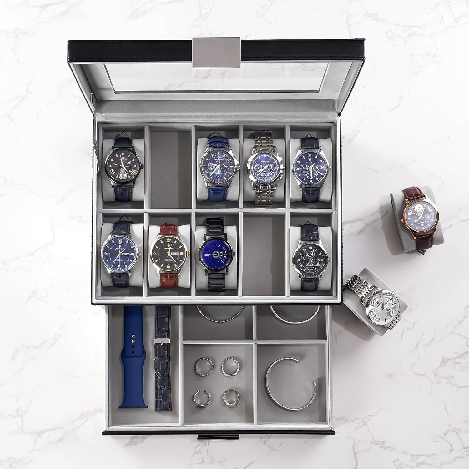 for Women, 10 Slot Watch Display Case with Drawer, 2-Layer member stepper economical sprawl stiff Womens Watch Box, 10 Watch Box Organizer, Jewelry and Watch Holder Storage Case With Glass Lid -Black ProCase Watch Case 