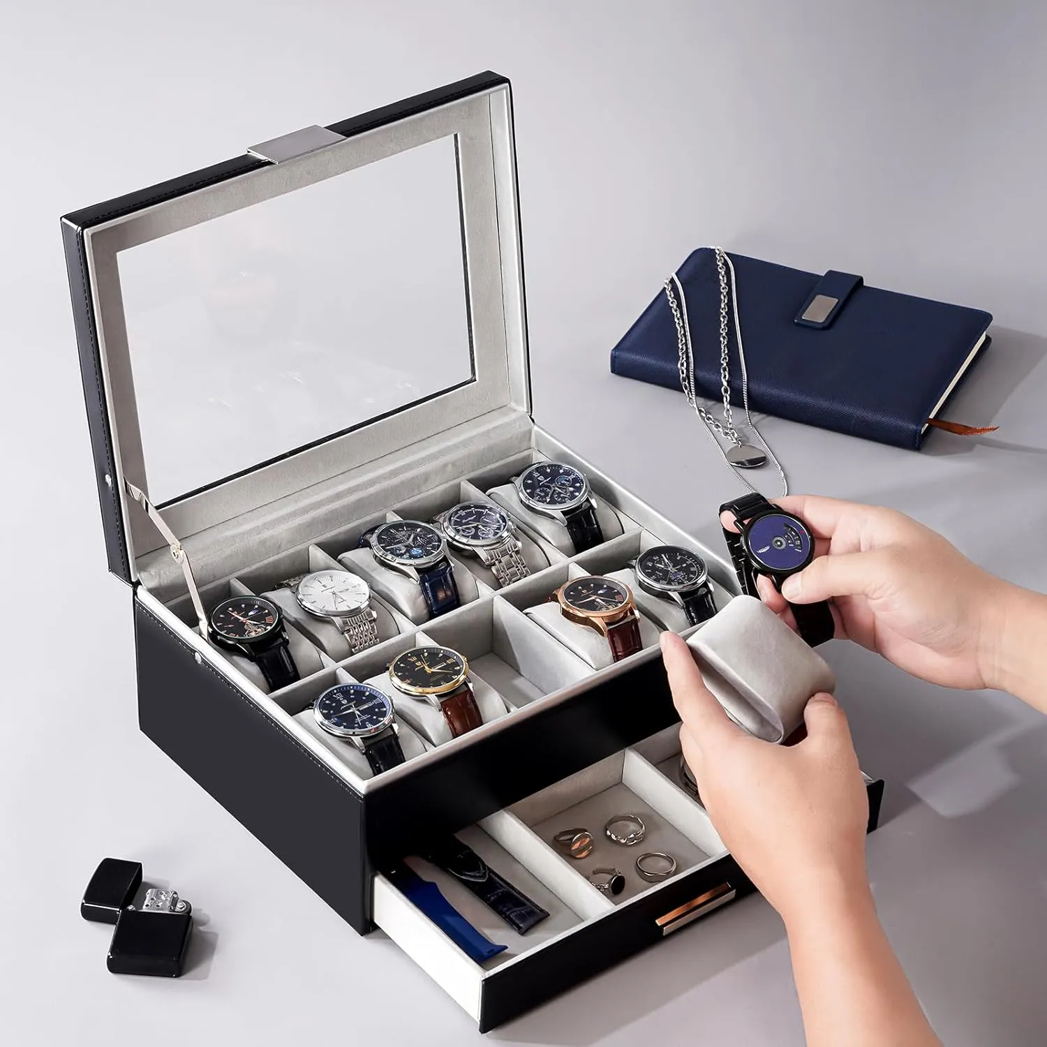 for Women, 10 Slot Watch Display Case with Drawer, 2-Layer member stepper economical sprawl stiff Womens Watch Box, 10 Watch Box Organizer, Jewelry and Watch Holder Storage Case With Glass Lid -Black ProCase Watch Case 