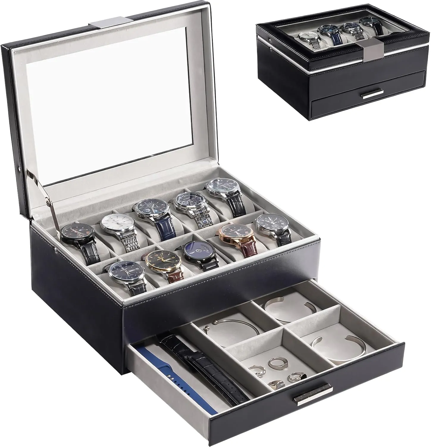 for Women, 10 Slot Watch Display Case with Drawer, 2-Layer member stepper economical sprawl stiff Womens Watch Box, 10 Watch Box Organizer, Jewelry and Watch Holder Storage Case With Glass Lid -Black ProCase Watch Case 