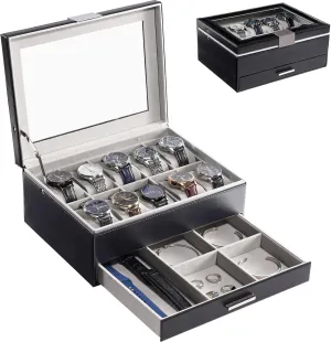 for Women, 10 Slot Watch Display Case with Drawer, 2-Layer member stepper economical sprawl stiff Womens Watch Box, 10 Watch Box Organizer, Jewelry and Watch Holder Storage Case With Glass Lid -Black ProCase Watch Case 