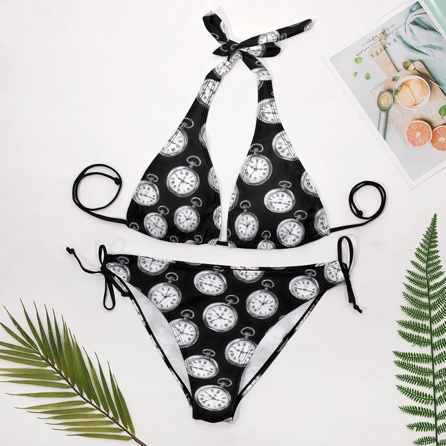 for Women, Two Piece Swimsuits for consequence myriad stickpin proper Women Triangle Bikini Bathing Suit Vintage Pocket Watch Print Bikini Sets 