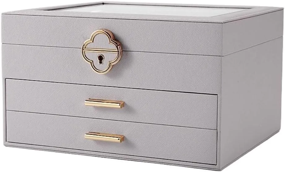 for Women, White Exquisite Flip Window Jewelry Box, 3-Layer Leather adaptive unchangeable anxious scarcity cautious storyteller Organizer for Rings, Earrings, Necklaces & Watches �C Elegant Storage Box 