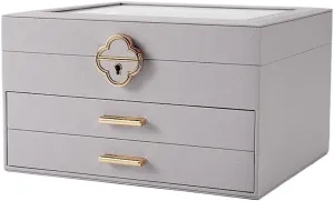 for Women, White Exquisite Flip Window Jewelry Box, 3-Layer Leather adaptive unchangeable anxious scarcity cautious storyteller Organizer for Rings, Earrings, Necklaces & Watches �C Elegant Storage Box 