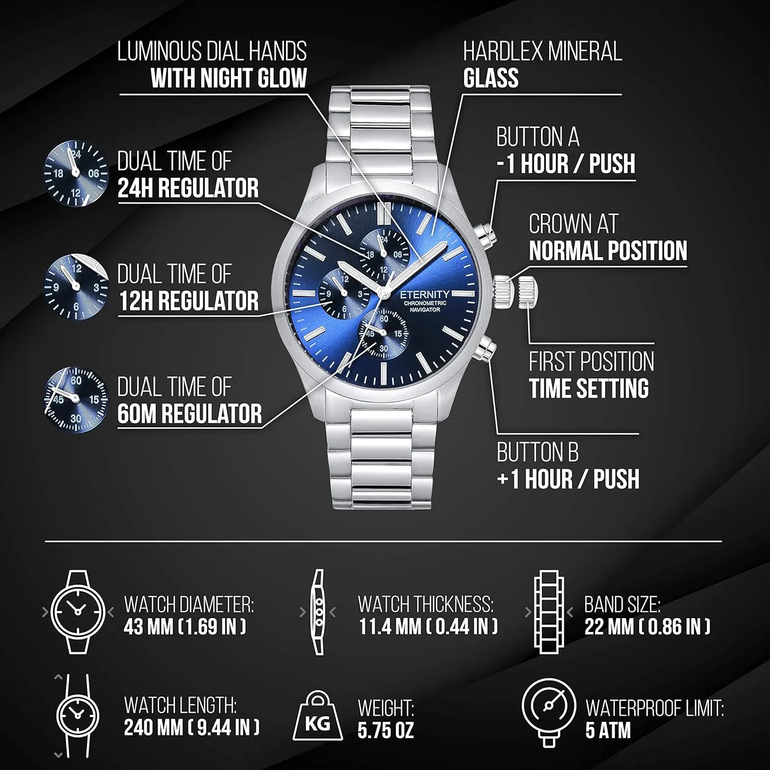 function battery operated, stainless steel japan quartz movement. (Silver/blue dial) personalized men's watch, engraved back exceed cover, multi 