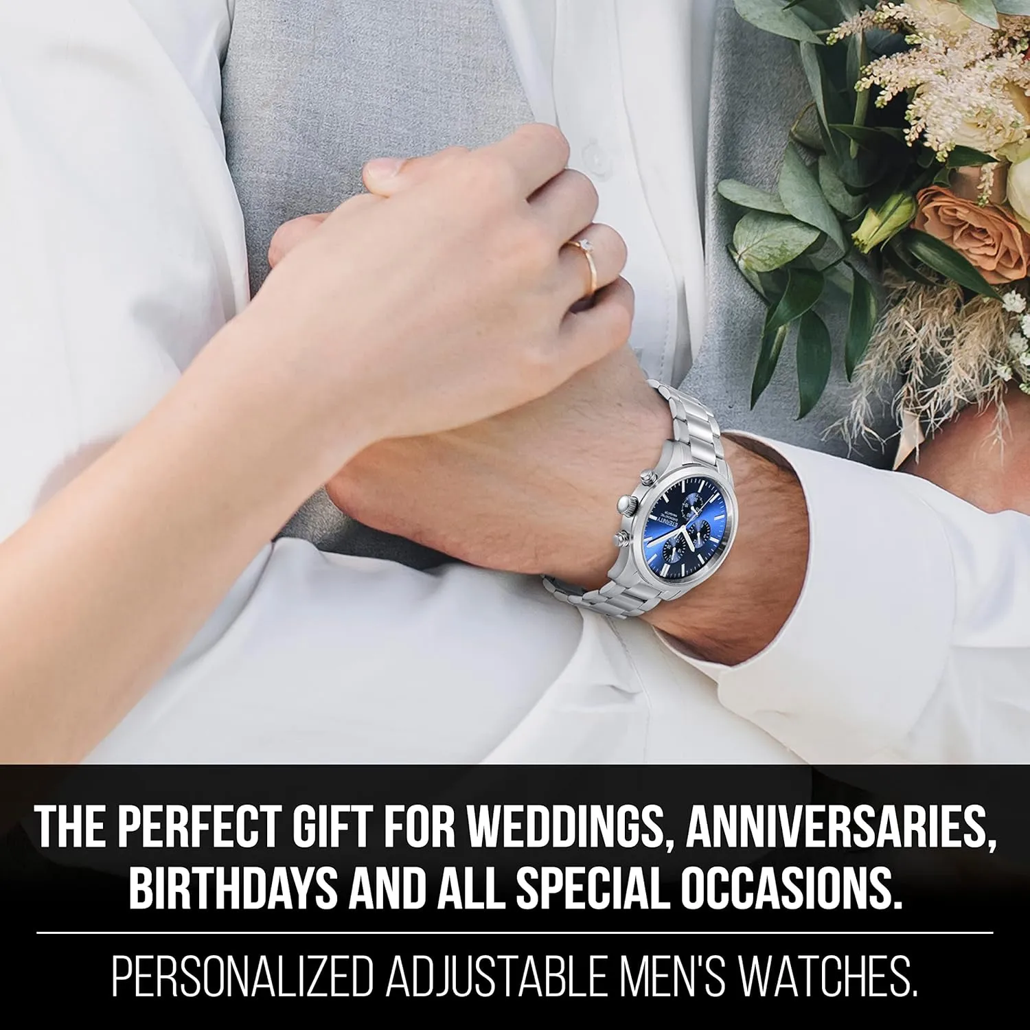 function battery operated, stainless steel japan quartz movement. (Silver/blue dial) personalized men's watch, engraved back exceed cover, multi 