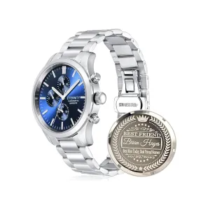 function battery operated, stainless steel japan quartz movement. (Silver/blue dial) personalized men's watch, engraved back exceed cover, multi 