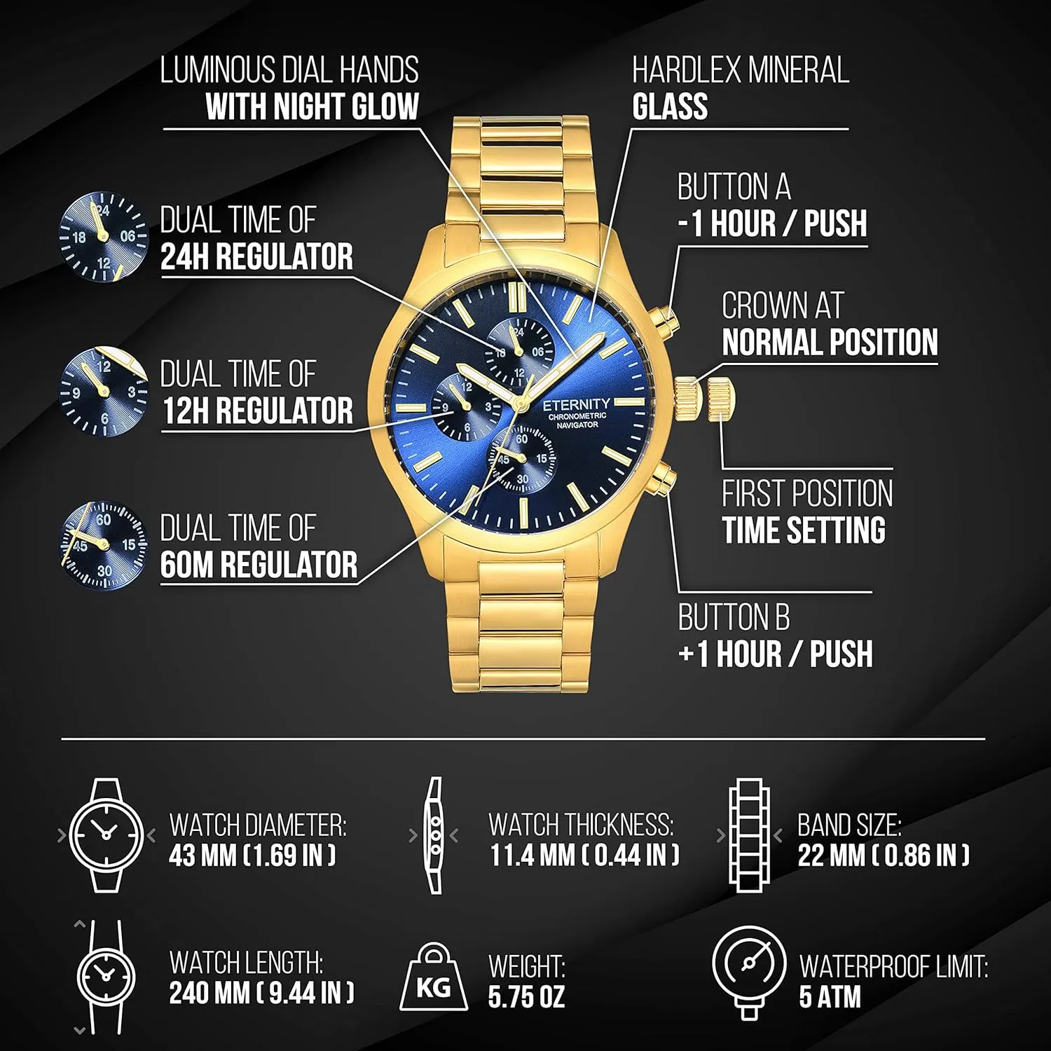 function. Engraved back cover. (Gold/blue dial) personalized multi function men's watch. Stainless, battery operated, Japan quartz, grocery millimeter multi 