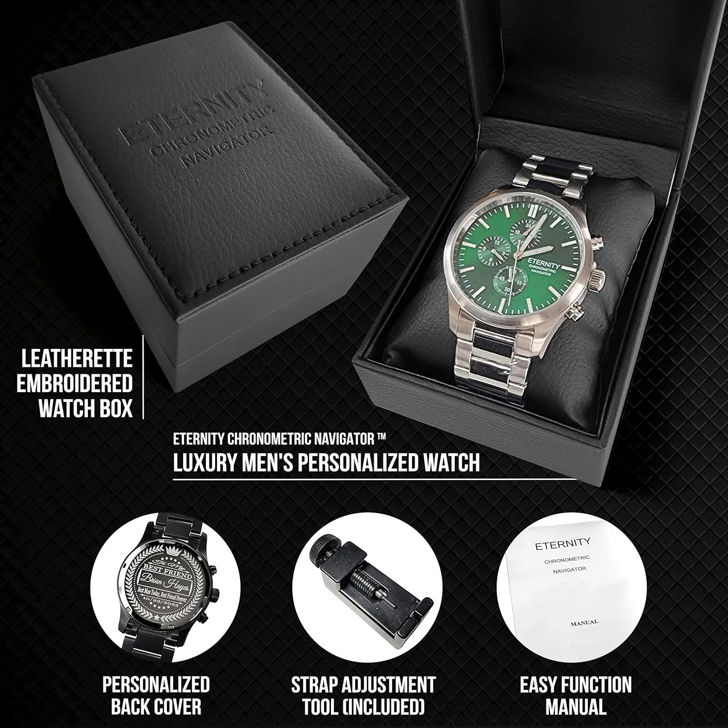 function. Engraved back cover. (Gold/blue dial) personalized multi function men's watch. Stainless, battery operated, Japan quartz, grocery millimeter multi 