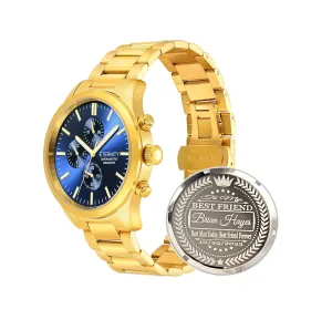 function. Engraved back cover. (Gold/blue dial) personalized multi function men's watch. Stainless, battery operated, Japan quartz, grocery millimeter multi 