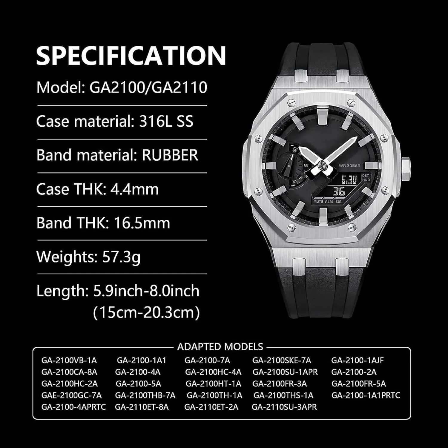 Ga2100/GA2110 Stainless Steel Bezel Strap Modfication Men's Watch Modding Replacement Accessories Set EZZON 5th Gen Metal Watch Case Rubber Band Mod Kit,For combat filial GM2100 