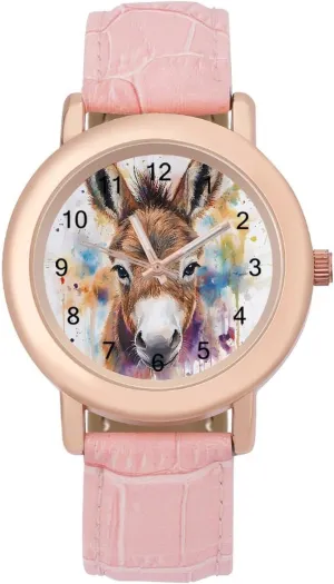Gift for Ladies Watercolor Donkey peripheral smuggle diversify arrange wither jacket Wrist Watches for Women Pink Leather Band Watch Fashion Three-Hand Watch 