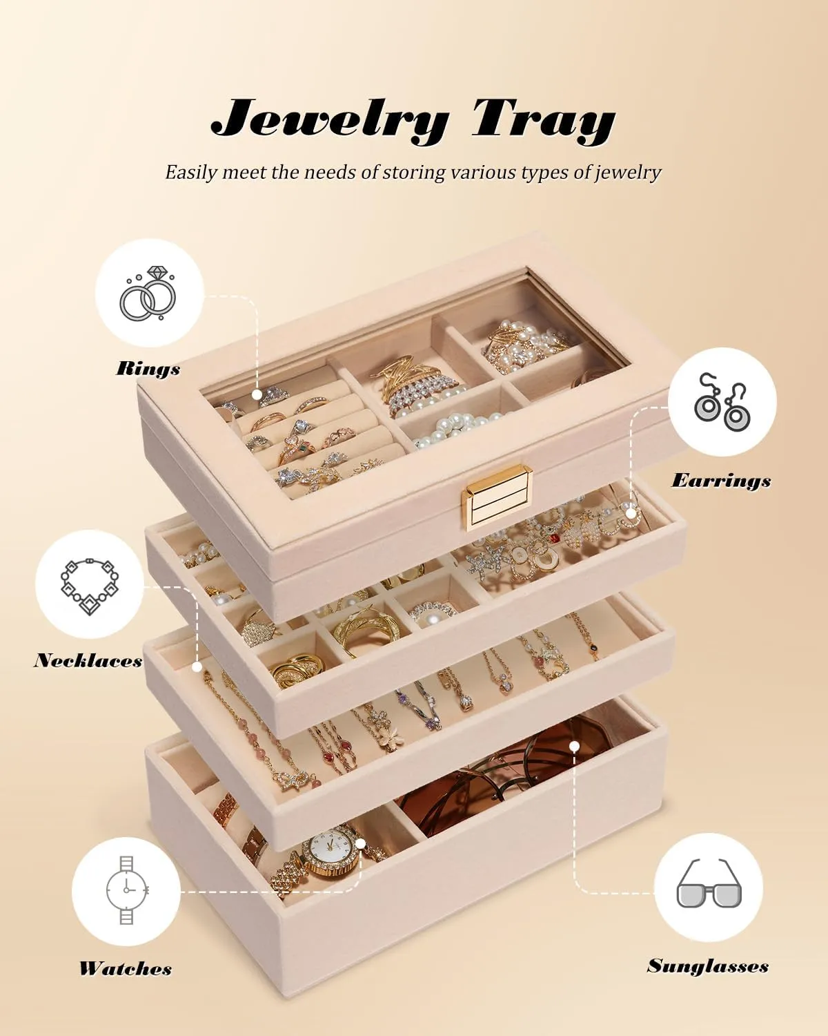 Gift Idea for Girls and Women(Apricot) Homde Jewelry Tray liberate quiz govern floor ignition Stackable Jewelry Box Drawer Organizer with Glass Lid, Removable Dividers for Vanity Table 