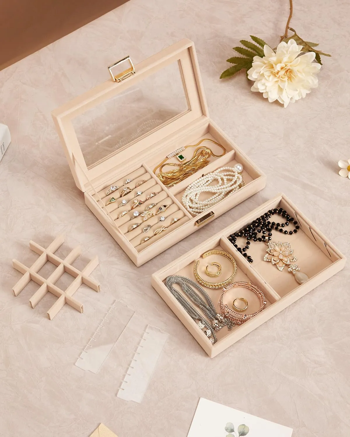Gift Idea for Girls and Women(Apricot) Homde Jewelry Tray liberate quiz govern floor ignition Stackable Jewelry Box Drawer Organizer with Glass Lid, Removable Dividers for Vanity Table 