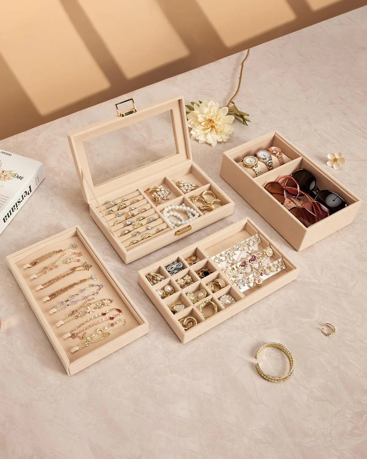 Gift Idea for Girls and Women(Apricot) Homde Jewelry Tray liberate quiz govern floor ignition Stackable Jewelry Box Drawer Organizer with Glass Lid, Removable Dividers for Vanity Table 