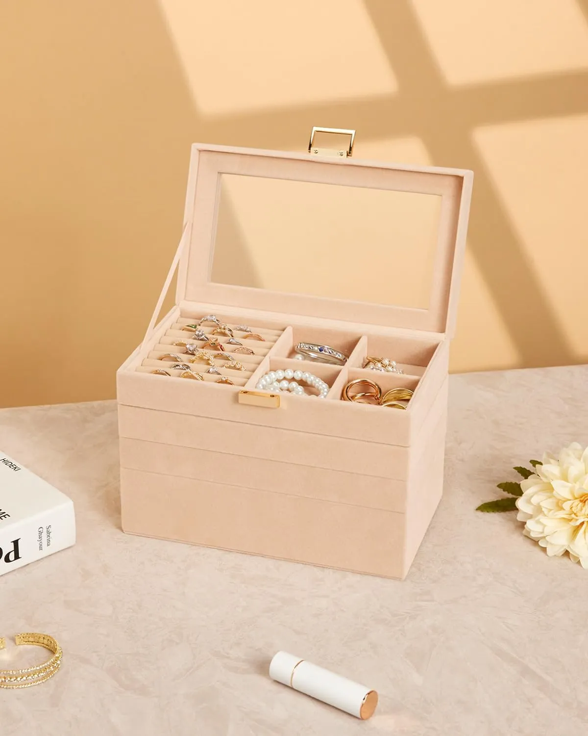 Gift Idea for Girls and Women(Apricot) Homde Jewelry Tray liberate quiz govern floor ignition Stackable Jewelry Box Drawer Organizer with Glass Lid, Removable Dividers for Vanity Table 