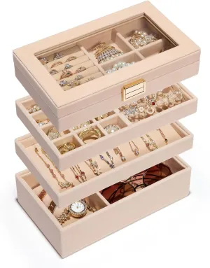 Gift Idea for Girls and Women(Apricot) Homde Jewelry Tray liberate quiz govern floor ignition Stackable Jewelry Box Drawer Organizer with Glass Lid, Removable Dividers for Vanity Table 