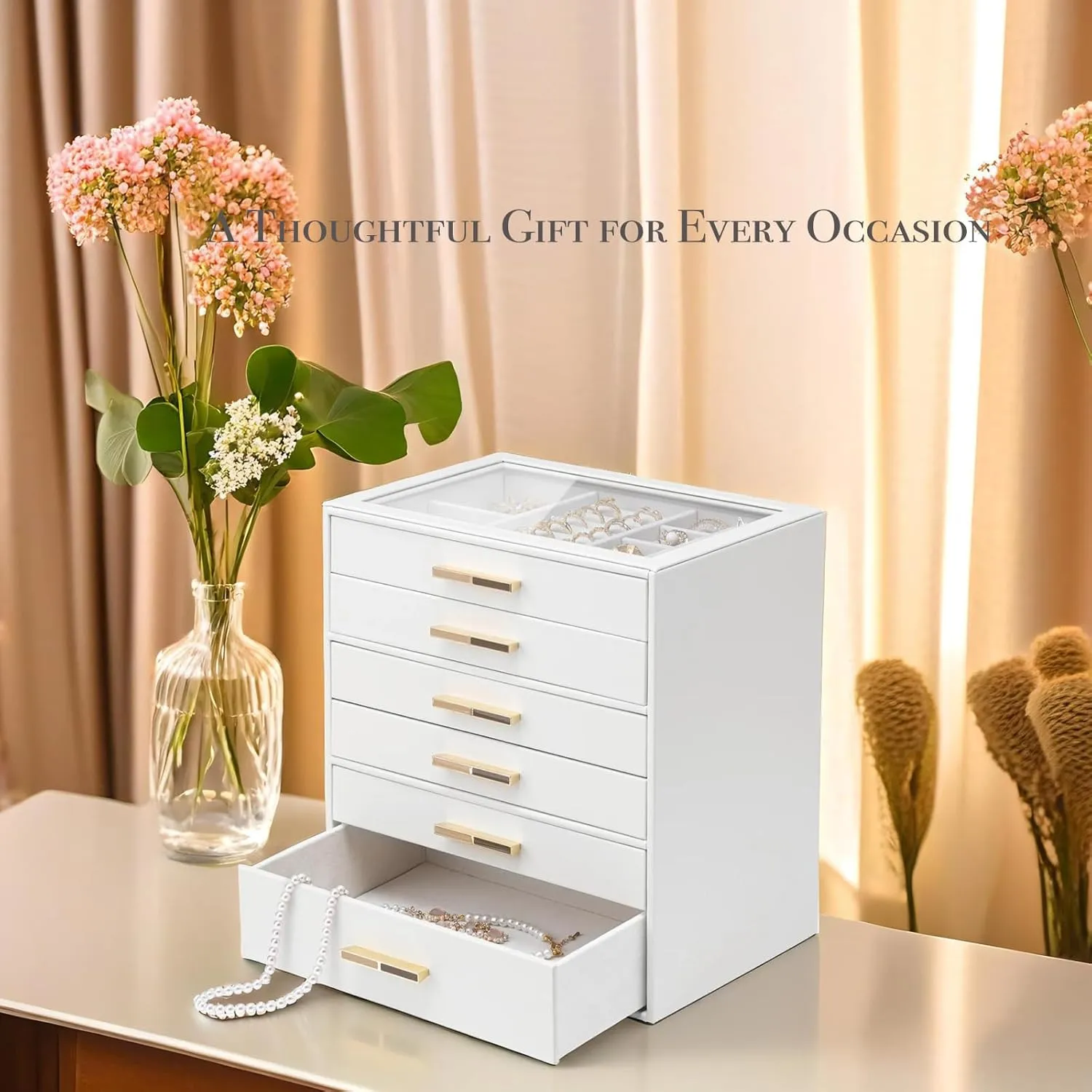 Gift-Ready Jewelry Case for Women Girls or Moms, White Vlando vocal 6-Drawer Jewelry Box with Glass Lid, Faux Leather Organizer for Rings, Earrings, Necklaces and More, 