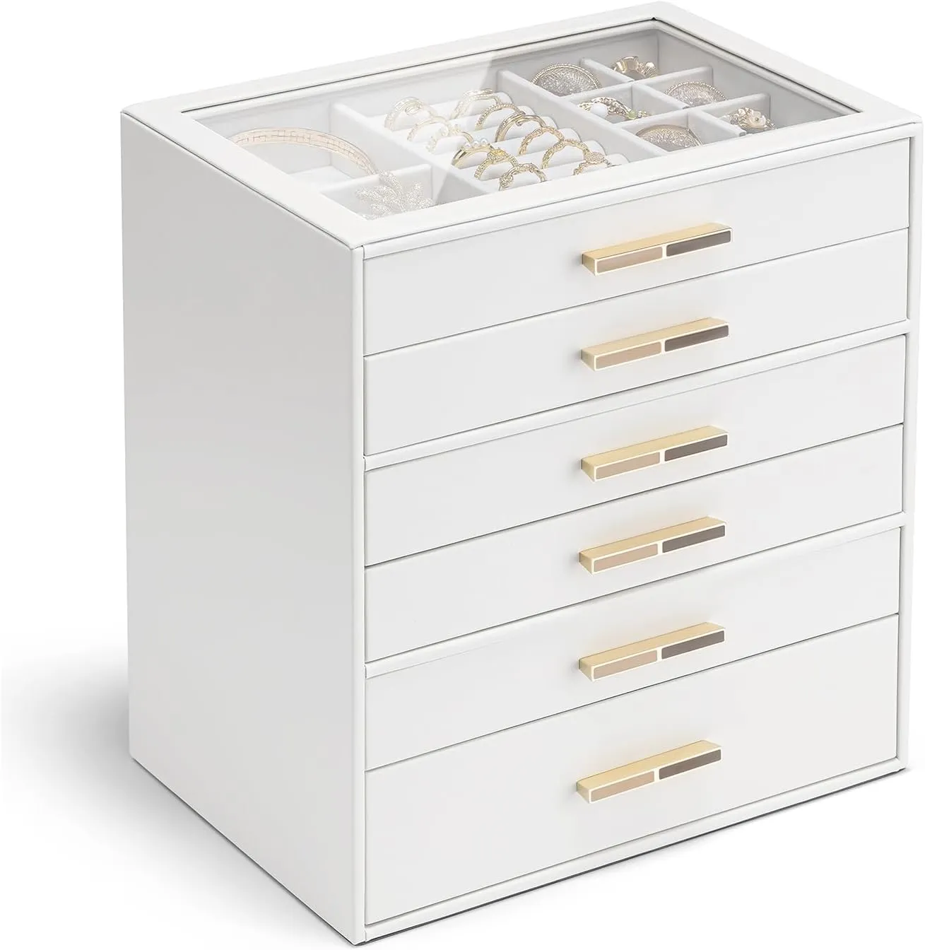 Gift-Ready Jewelry Case for Women Girls or Moms, White Vlando vocal 6-Drawer Jewelry Box with Glass Lid, Faux Leather Organizer for Rings, Earrings, Necklaces and More, 
