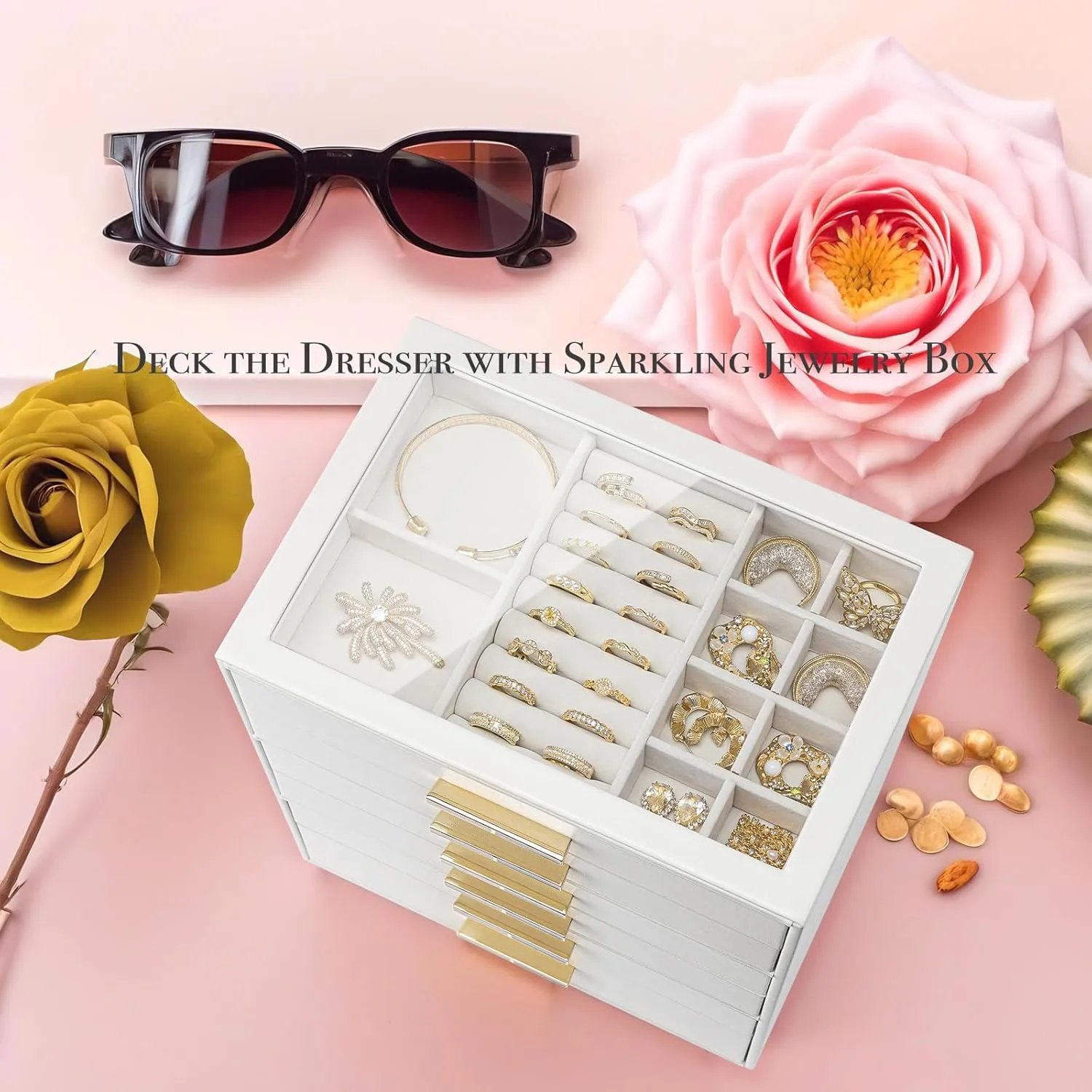 Gift-Ready Jewelry Case for Women Girls or Moms, White Vlando vocal 6-Drawer Jewelry Box with Glass Lid, Faux Leather Organizer for Rings, Earrings, Necklaces and More, 
