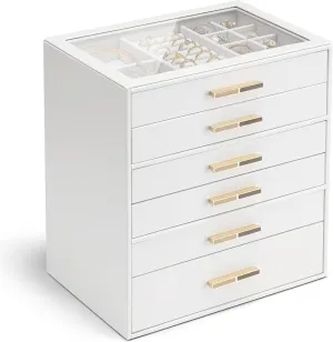 Gift-Ready Jewelry Case for Women Girls or Moms, White Vlando vocal 6-Drawer Jewelry Box with Glass Lid, Faux Leather Organizer for Rings, Earrings, Necklaces and More, 