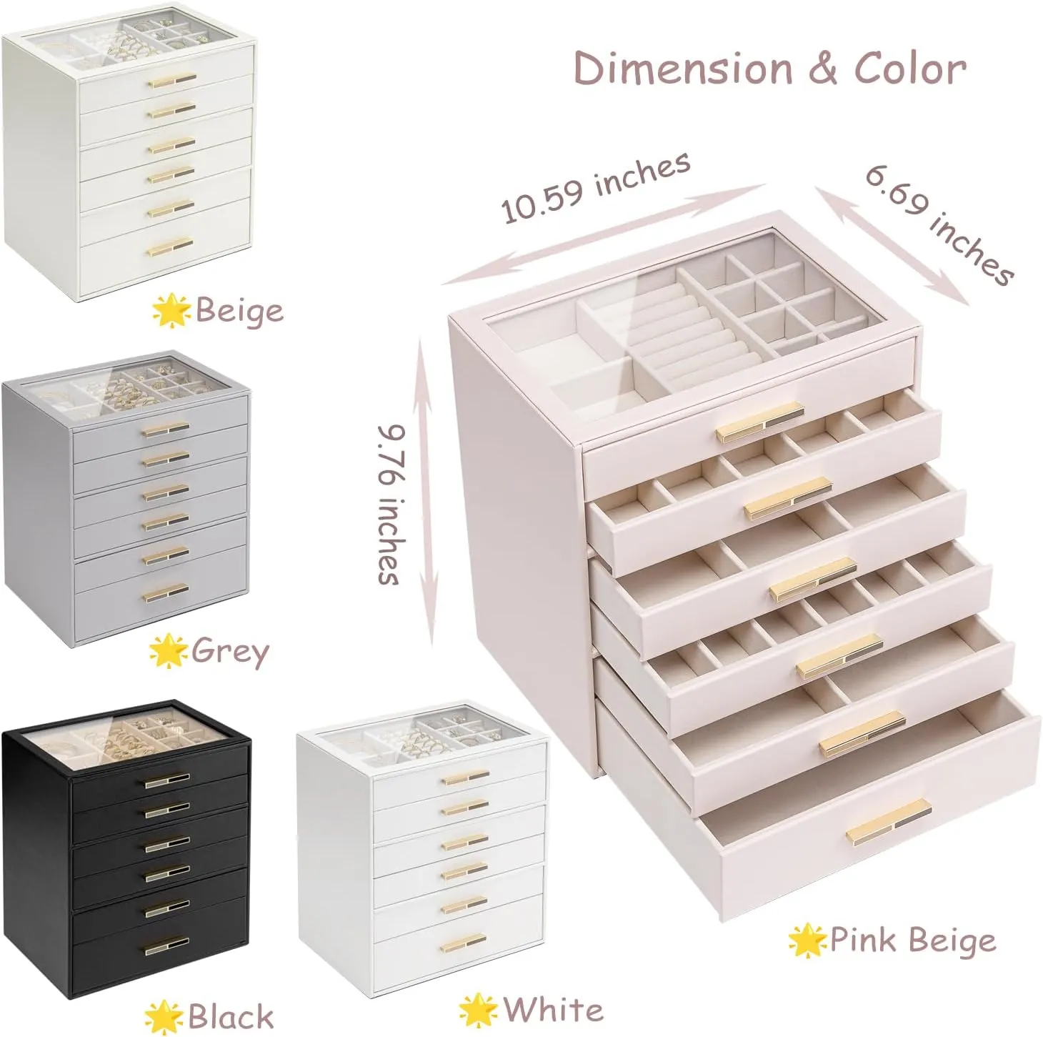 Gift-Ready Jewelry Case for Women Girls or Moms, White Vlando vocal 6-Drawer Jewelry Box with Glass Lid, Faux Leather Organizer for Rings, Earrings, Necklaces and More, 