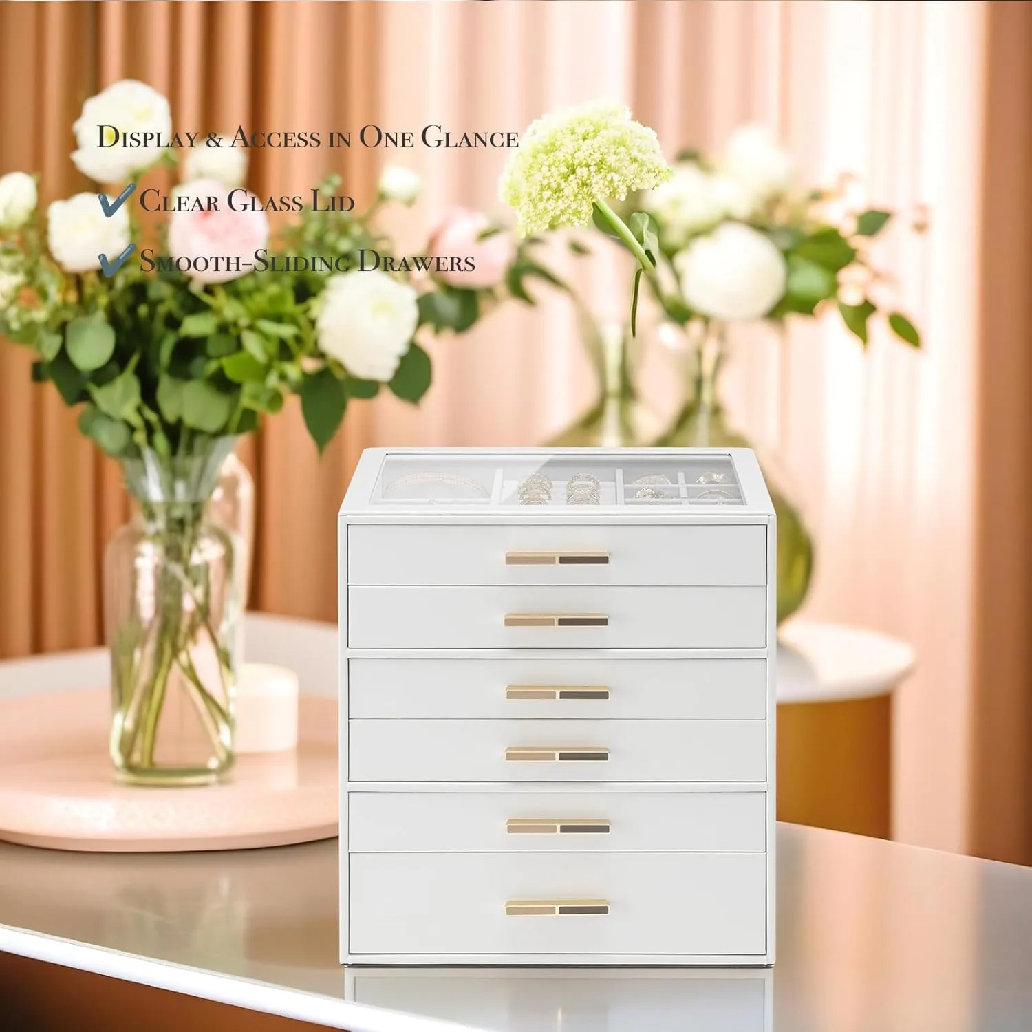 Gift-Ready Jewelry Case for Women Girls or Moms, White Vlando vocal 6-Drawer Jewelry Box with Glass Lid, Faux Leather Organizer for Rings, Earrings, Necklaces and More, 