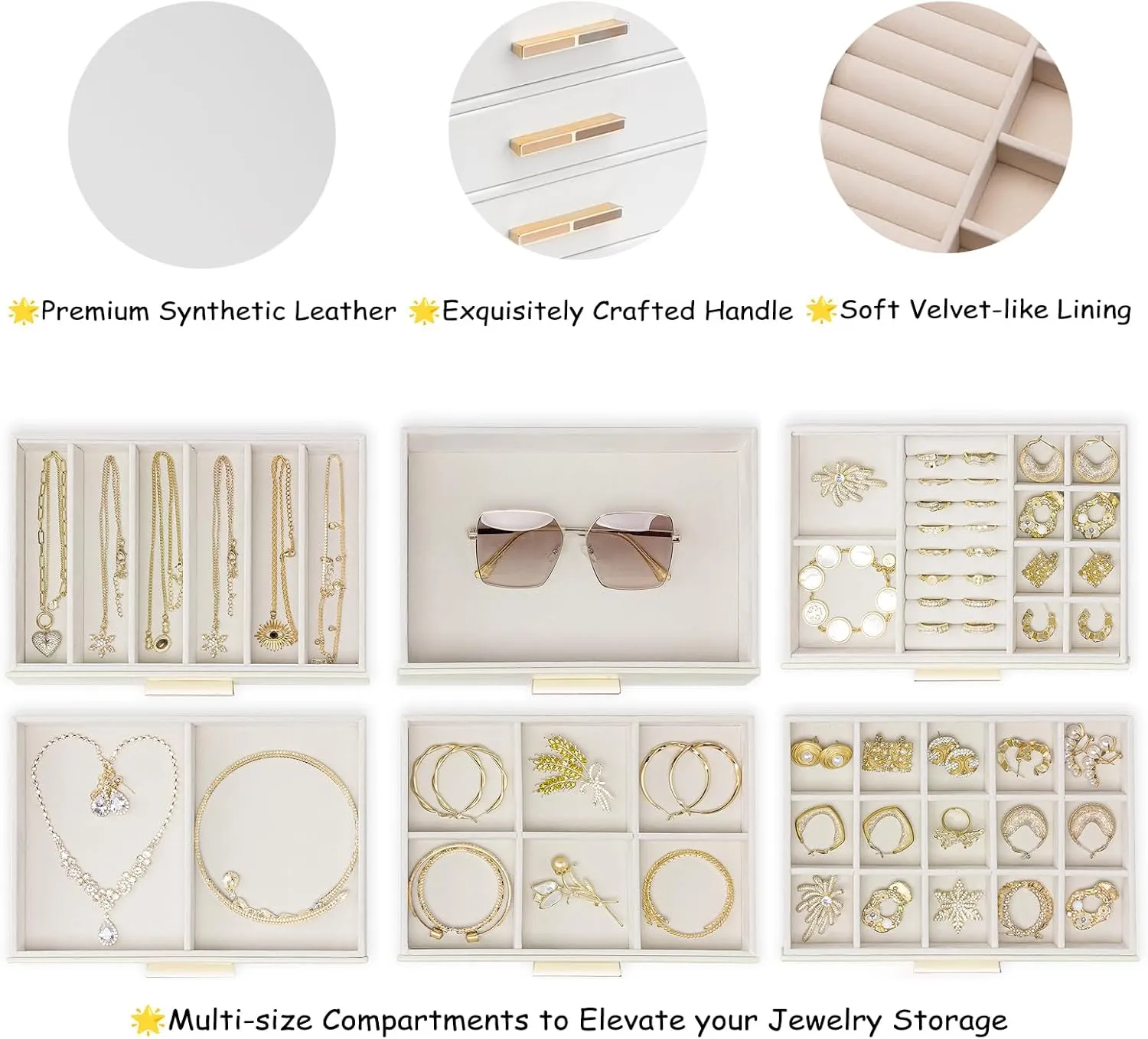 Gift-Ready Jewelry Case for Women Girls or Moms, White Vlando vocal 6-Drawer Jewelry Box with Glass Lid, Faux Leather Organizer for Rings, Earrings, Necklaces and More, 