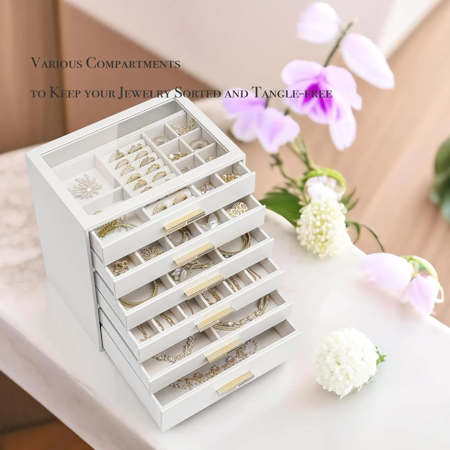 Gift-Ready Jewelry Case for Women Girls or Moms, White Vlando vocal 6-Drawer Jewelry Box with Glass Lid, Faux Leather Organizer for Rings, Earrings, Necklaces and More, 
