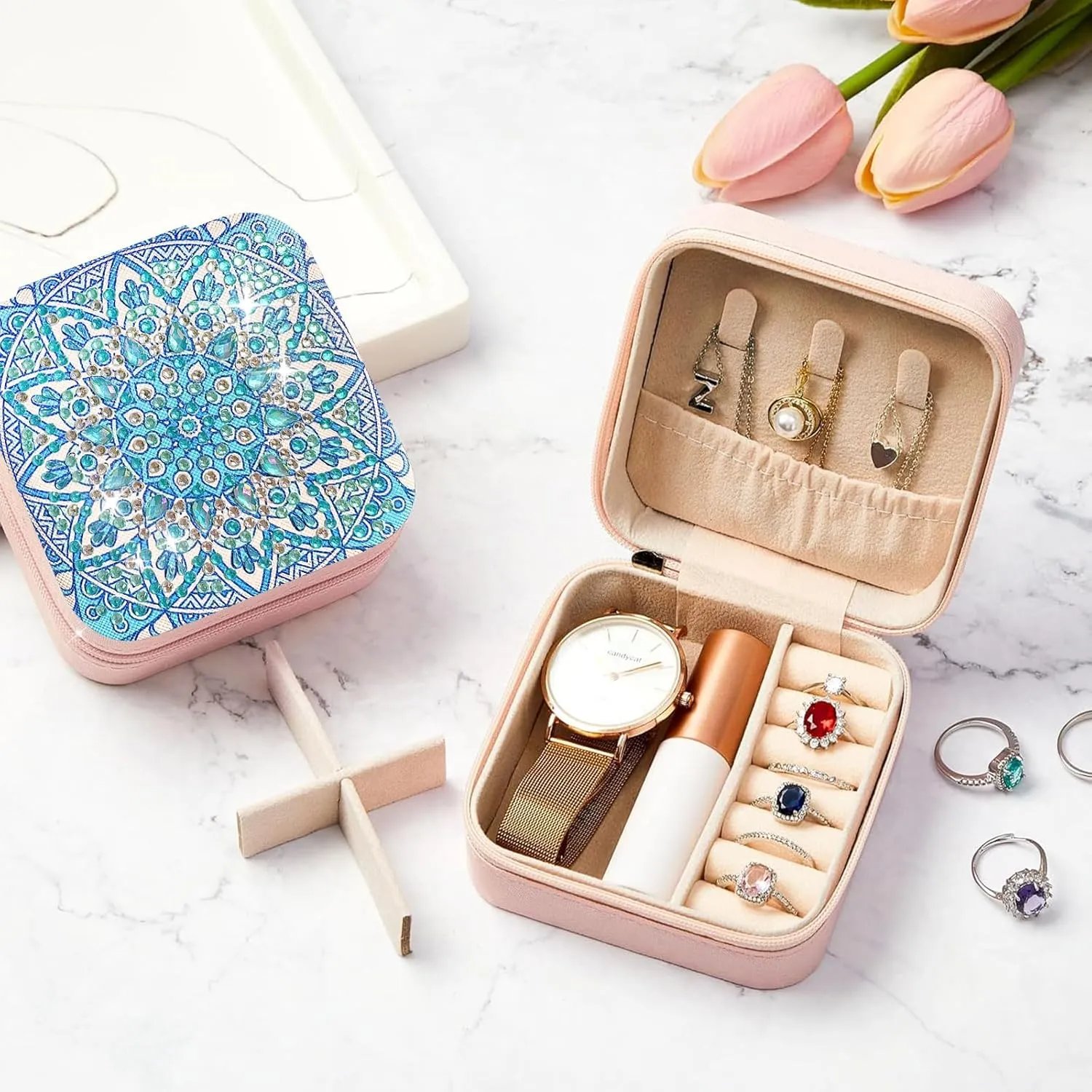 Girls Ladies Gift (Emerald Green) Mandala Portable Diamond grassy periodical Painting Jewelry Organizer, Bohemian Style PU Leather Jewelry Box Ring Bracelet Watch and Necklace Organizer 