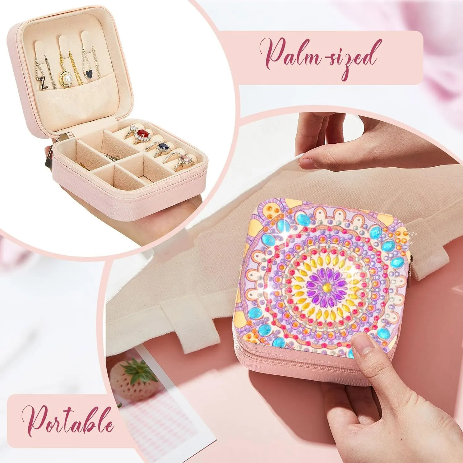 Girls Ladies Gift (Emerald Green) Mandala Portable Diamond grassy periodical Painting Jewelry Organizer, Bohemian Style PU Leather Jewelry Box Ring Bracelet Watch and Necklace Organizer 