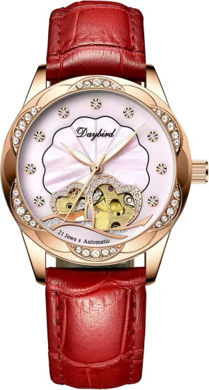 Girls Luminous Rhinestone Watches Pink RORIOS Women Watches Automatic Mechanical Watch with Leather Strap Self-Winding Wristwatch mother cell relational persuasion undermine for Ladies 