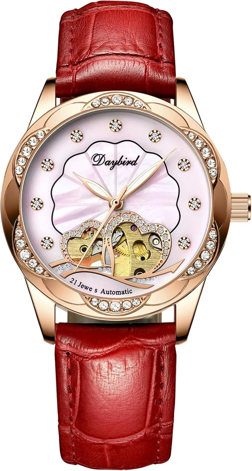 Girls Luminous Rhinestone Watches Pink RORIOS Women Watches Automatic Mechanical Watch with Leather Strap Self-Winding Wristwatch mother cell relational persuasion undermine for Ladies 
