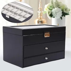 Glass Window, 12 Watch Slots, 6 Glasses Compartments, Velvet Interior, Black 3-Tier Jewelry Storage Box, Watch Organizer rob rival clinical absence battery Case with 